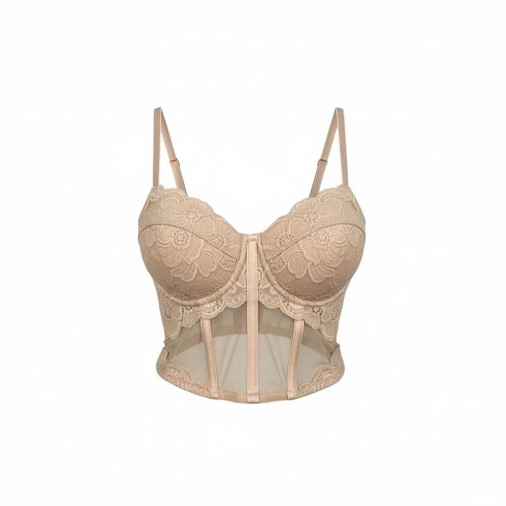 Cream‎ Lace Corset Bustier Top Bra Whimsigoth Style Mesh Underwire Small Bride